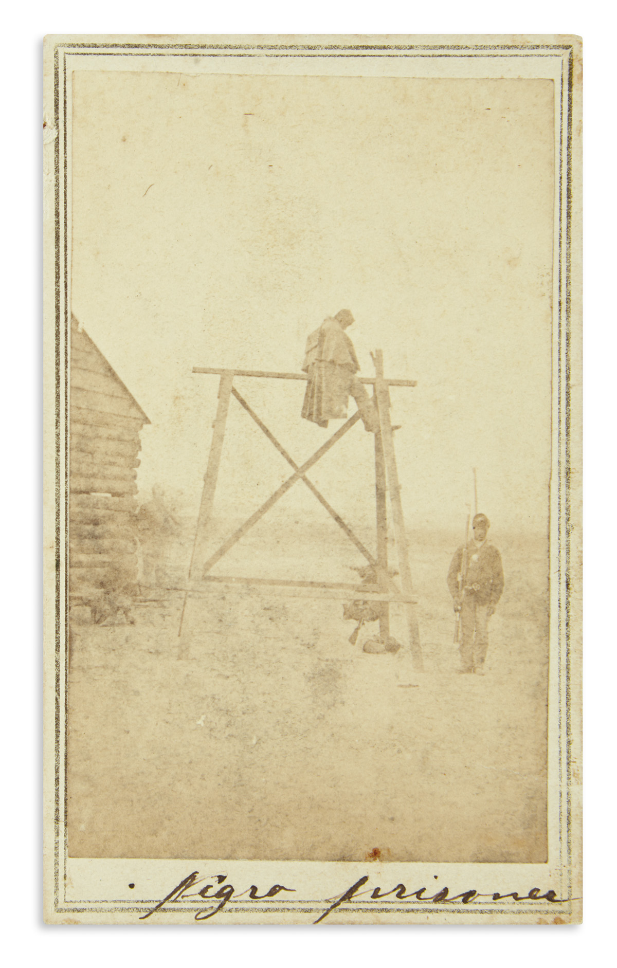 (MILITARY--CIVIL WAR.) Newell, Lafayette V.; photographer. Carte-de-visite punishment scene of a Negro prisoner at Point Lookout.